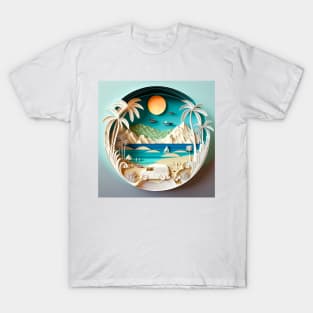 3D Effect Papercut Art - Beach Scene T-Shirt